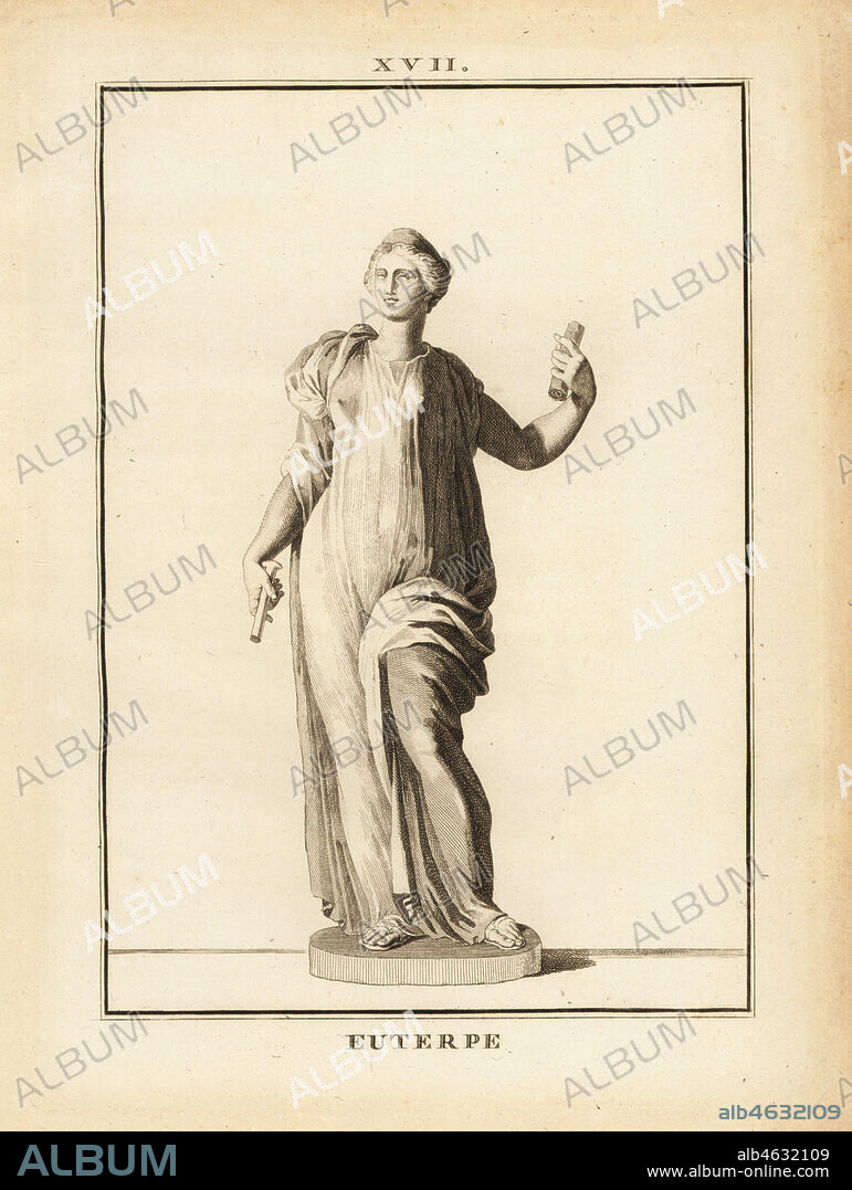 Statue of Euterpe, muse of music in Greek mythology. Copperplate engraving by Francois-Anne David from Museum de Florence, ou Collection des Pierres Gravees, Statues, Medailles, Chez F.A. David, Paris, 1787. David (1741-1824) drew and engraved the illustrations based on Roman statues, engraved stones and medals in the collection of the Museum de Florence and the cabinet of curiosities of the Grand Duke of Tuscany.