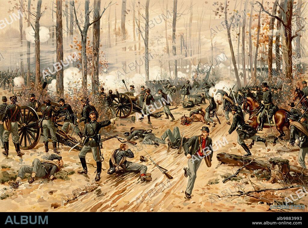 Battle of Shiloh took place on 6 and 7 April 1862 in the US state of Tennessee, about 22 miles northeast of the small town of Corinth in the US state of Mississippi during the American Civil War, Historic, digitally restored reproduction from an original of the period.