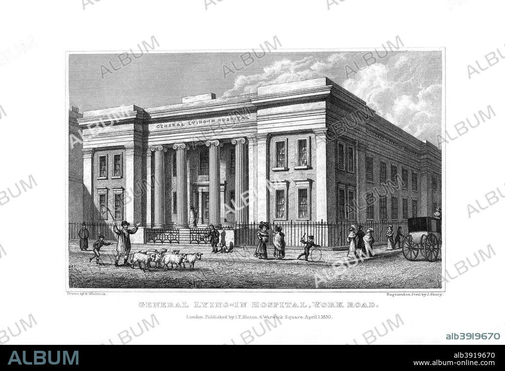 General Lying-in Hospital, York Road, Lambeth, London, 1830. Lying in Hospitals were built primarily to provide treatment to the wives of tradesmen, soldiers and sailors. The General Lying in Hospital in Lambeth opened in 1767 and served both married and unmarried women.