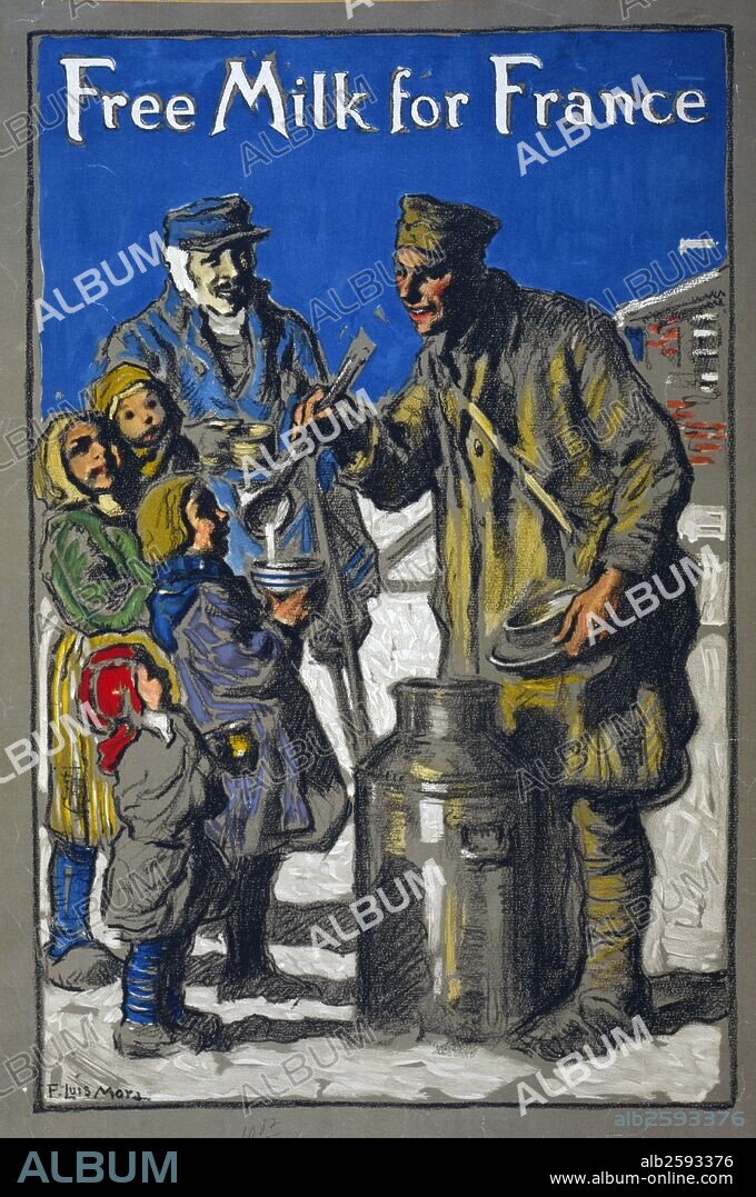 Free milk for France. World war I poster by Francis Luis Mora, 1874-1940, artist. [1918]. Poster showing a soldier ladling out milk for children.