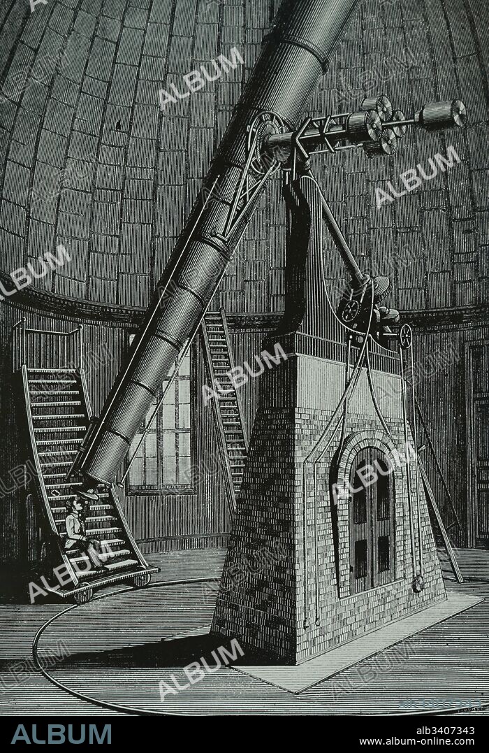 Engraving depicting a 23-inch refractor built by Alvan Clark (1804-1887) an American astronomer and telescope maker. Dated 19th Century.