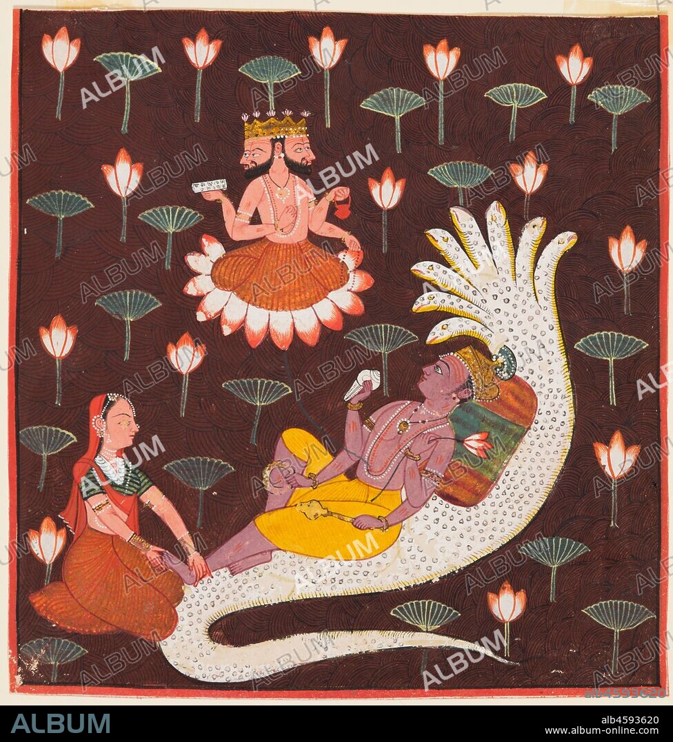 Vishnu on Ananta, the Endless Serpent, c. 1700. Before the creation of the world, the god Vishnu was asleep on the serpent Ananta, floating on the cosmic ocean. When the time came for him to create the world, Vishnu?s wife Lakshmi woke him gently by massaging his feet. Then, out of his navel emerged a lotus flower, and Vishnu gave birth to Brahma, the god of creation.   As plants that grow in water, lotus flowers indicate the presence of the waters, and in this painting they are boldly distributed over a deep brown background with basket-weave patterning.