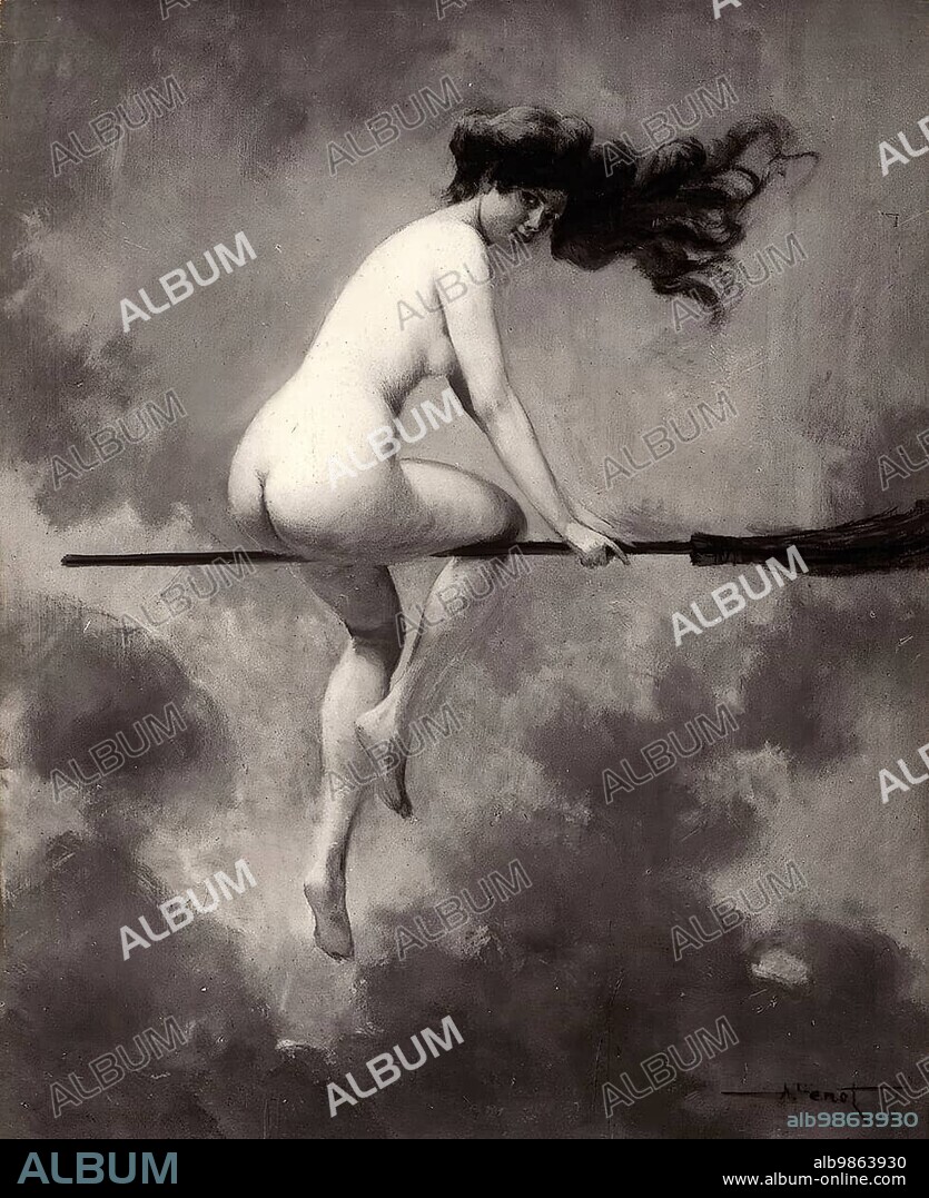 Naked witch with long black hair, departing for the witches' sabbath with her broom, Historic, digitally restored reproduction from an original of the time.