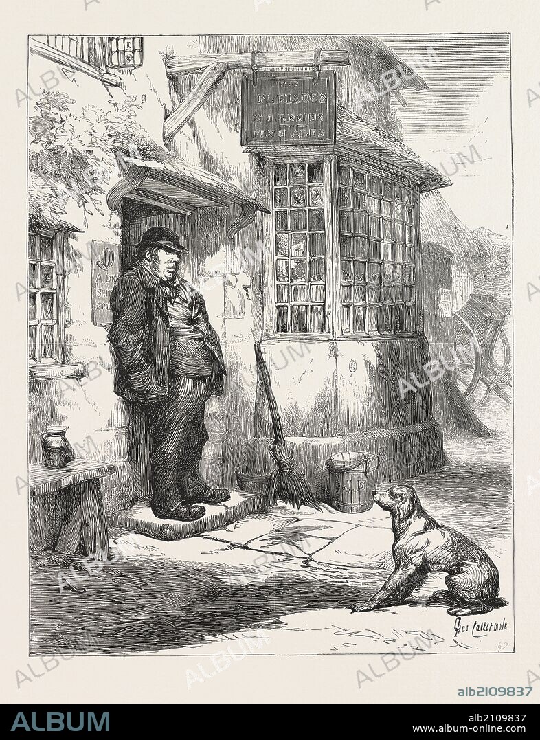 THE VILLAGE COMEDY, The landlord was a man of Daniel Lambert build. There was a kind of surliness in his civility. . . His burly form at the doorway, seen from the hill, looked picturesque ; but nearer inspection showed that his fibre was coarse, and his frame heavy. Engraving 1876.