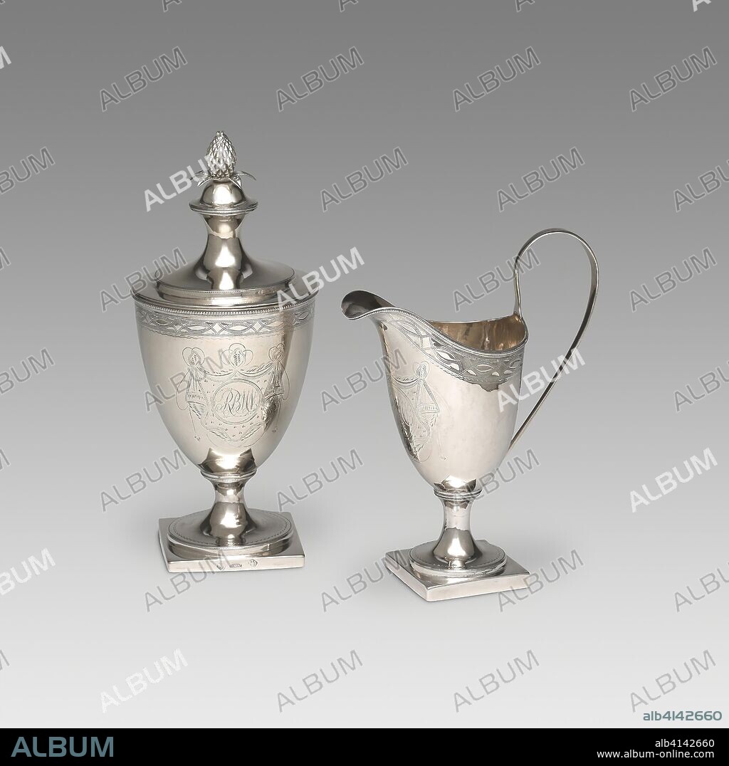 Sugar Urn and Cream Pot. Daniel Van Voorhis; American, 1751-1824; New York, New York. Date: 1788-1798. Dimensions: Cream pot: 18.7 × 5.7 × 14 cm (7 3/8 × 2 1/4 × 5 1/2 in.); 181.3 grams
Sugar urn: 24.1 × 10.2 × 10.2 cm (9 1/2 × 4 × 4 in.); 394.6 grams. Silver. Origin: New York City.