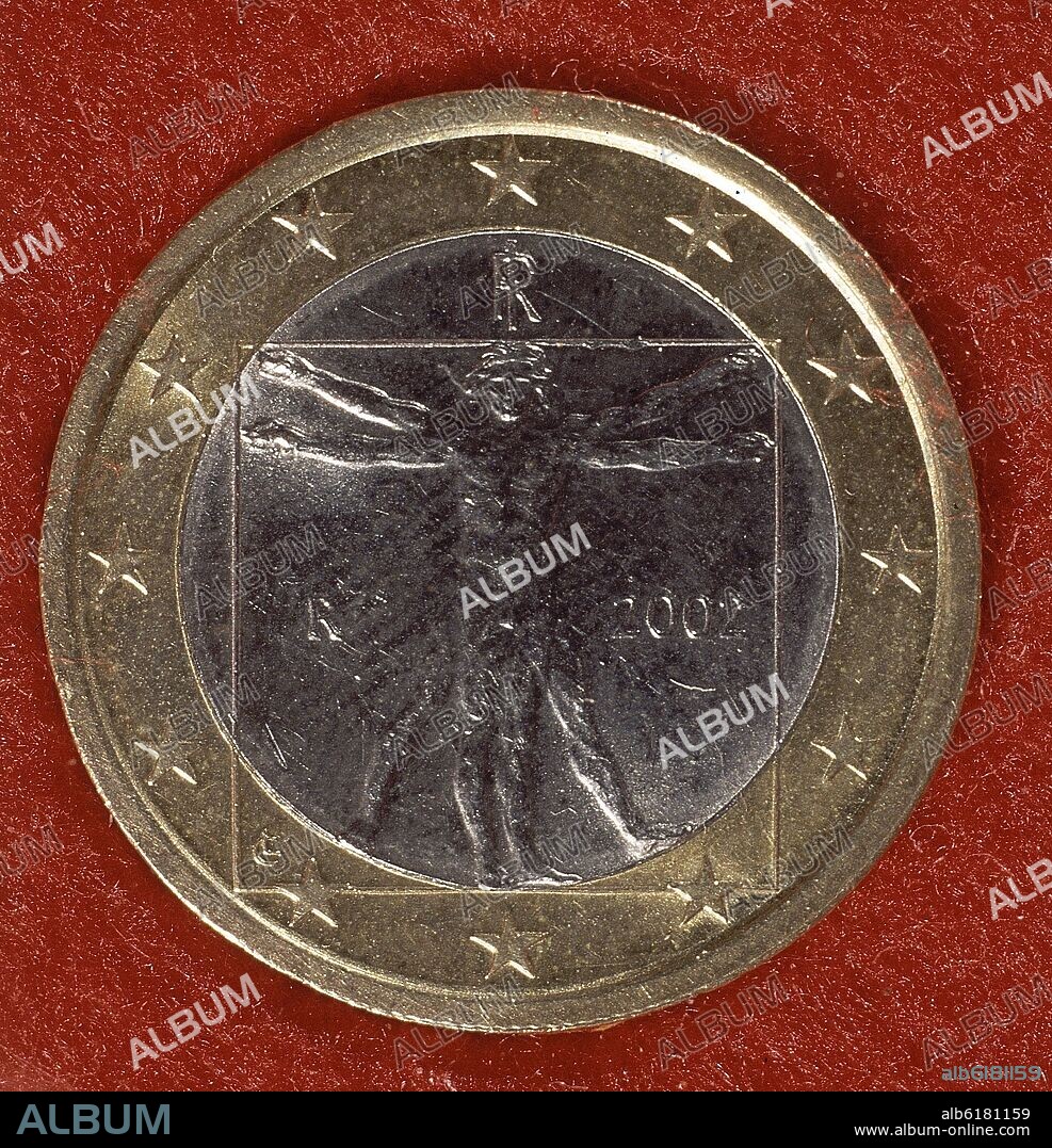 MONEDA DE UN EURO ITALIANO CON FECHA DE EMISION EN 2002-ANV-HOMBRE VITRUVIANO DE LEONARDO DAVINCI.