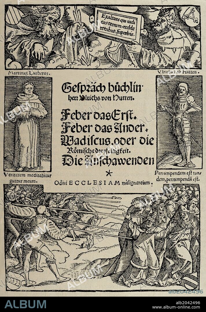 HUTTEN, Ulrich von (Castillo de Steckelberg,1488-Isla de Ufenau,lago de Zurich,1523). Escritor y teólogo alemán, uno de los propagandistas más ardientes de la Reforma. Facsímil de la portada del "Librito de Conversaciones". Grabado "Historia de Alemania", año 1882.