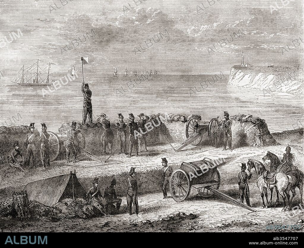 Communication between a ship entering port and the landed troops using the flag semaphore telegraphy system, c.1870. From Les Merveilles de la Science, published c.1870.