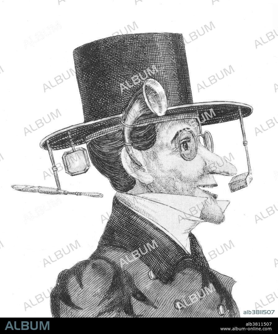 Undated hat design to keep pockets from being picked. The man has securely fastened his possessions to the brim of his hat. Upon slight pressure from the wearer, the top hat rotates and presents him with his scent box, monocle, hearing apparatus, bifocals, and cigar, which untouched by human hands, appears to have been miraculously lit. Fortunately, his nose extends far enough to sample the snuff. A top hat is a tall, flat-crowned, broad-brimmed hat, predominantly worn by men from the latter part of the 18th to the middle of the 20th century.