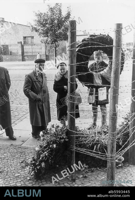 The Berlin Wall. (Building began on 13 August 1961). A memorial in Bernauer Strasse for those who died whilst trying to flee to the West. Photo, October 1961.