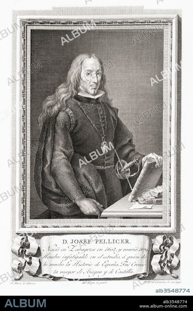 José Pellicer de Ossau y Tovar, 1602-1679. Spanish poet, genealogist, historian of Castile and Aragon and publicist for Gaspar de Guzmán, Count-Duke of Olivares. After an etching in Retratos de Los Españoles Ilustres, published Madrid, 1791.