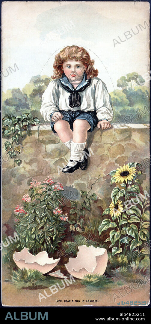 Enfant sur un mur. Illustration anonyme vers 1890 pour Contes d'une bergere (comptine anglaise : Humpty Dumpty sat on a wall). A noter le pointille autour de l'enfant pour rappeler la forme d'oeuf du personnage. Credit : Collection Jonas/Kharbine-Tapabor.