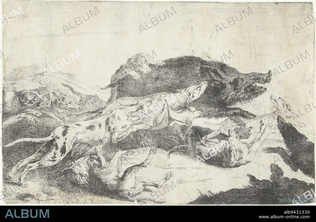 Dogs chasing a boar, Peeter Boel, c. 1650 - c. 1674, Wild boar hunt. A pack of dogs chases a wild boar., print maker: Peeter Boel, (mentioned on object), Peeter Boel, unknown, c. 1650 - c. 1674, paper, etching, h 205 mm × w 320 mm.