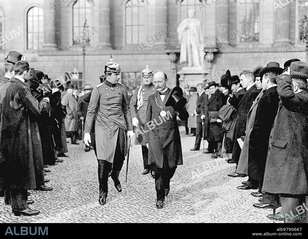 November 1913. Foreign Professors in Berlin. Prince Augustus William, son of the Kaiser, accompanied by Rector Geheimrat, leaving the University.