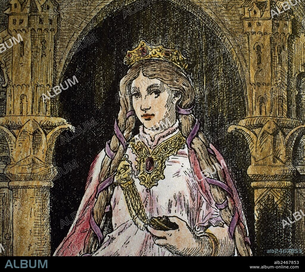"TRISTAN E ISOLDA". Leyenda medieval originaria probablemente del País de Gales, que narra las aventuras de ambos enamorados. Representación de ISOLDA (detalle). Grabado coloreado del libro "Germania", editado en 1882.