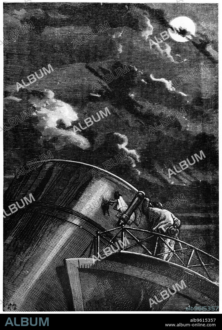 Illustration from De la Terre a la Lune by Jules Verne, 1865. The director of Cambridge Observatory, Massachusetts, using the observatory's reflecting telescope on the Rocky Mountains to watch the launch of the space capsule 'Columbiad'. From De la Terre a la Lune by Jules Verne. (Paris, 1865).