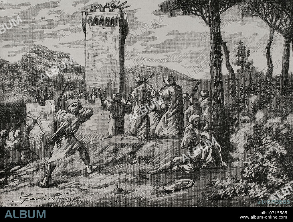 JOAN SERRA PAUSAS (ACTIVE 1861-1902). Omar ben Hafsún (h. 846-918). Rebelde andalusí contra el emirato de Córdoba. Lideró una revuelta contra el emirato que se prolongó desde el año 878 al 916, año en el que se rindió a Abd al-Raman III. Omar ben Hafsún en el castillo de Ronda (provincia de Málaga, Andalucía, España). Grabado por Serra Pausas. "Glorias Españolas". Tomo II. Publicada en Barcelona, 1890.