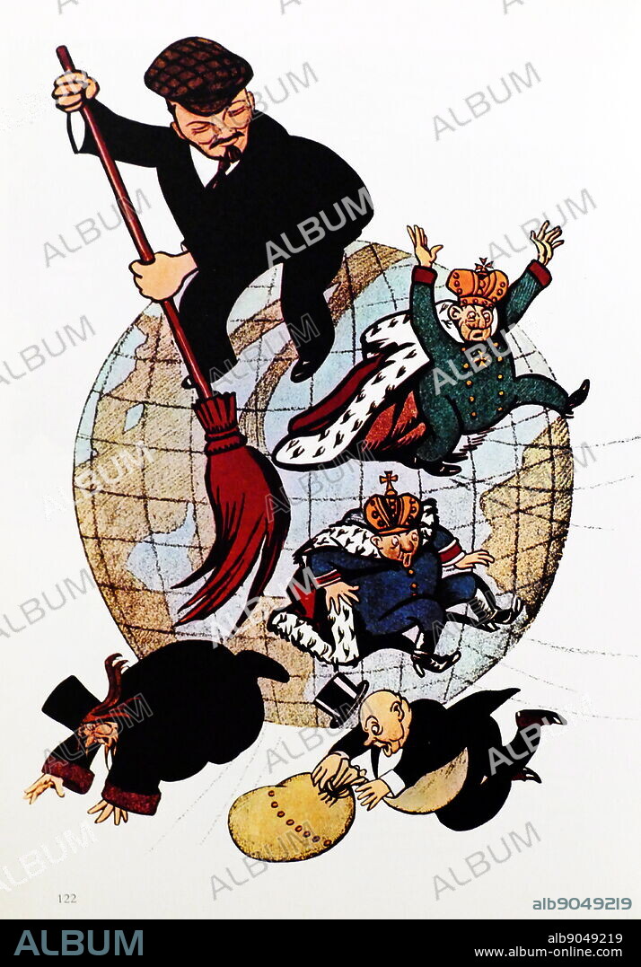 Communist propaganda poster depicting a jaunty Vladimir Lenin (1870-1924) wielding a sure broom to sweep from the globe such figures of the old order as Kings, a black-robed priest, and -clutching his money bag- a top-hatted capitalist. Dated 20th Century.