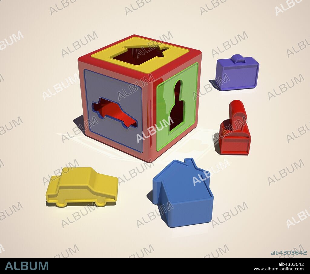 Shape sorter toy with home, work, car shapes.