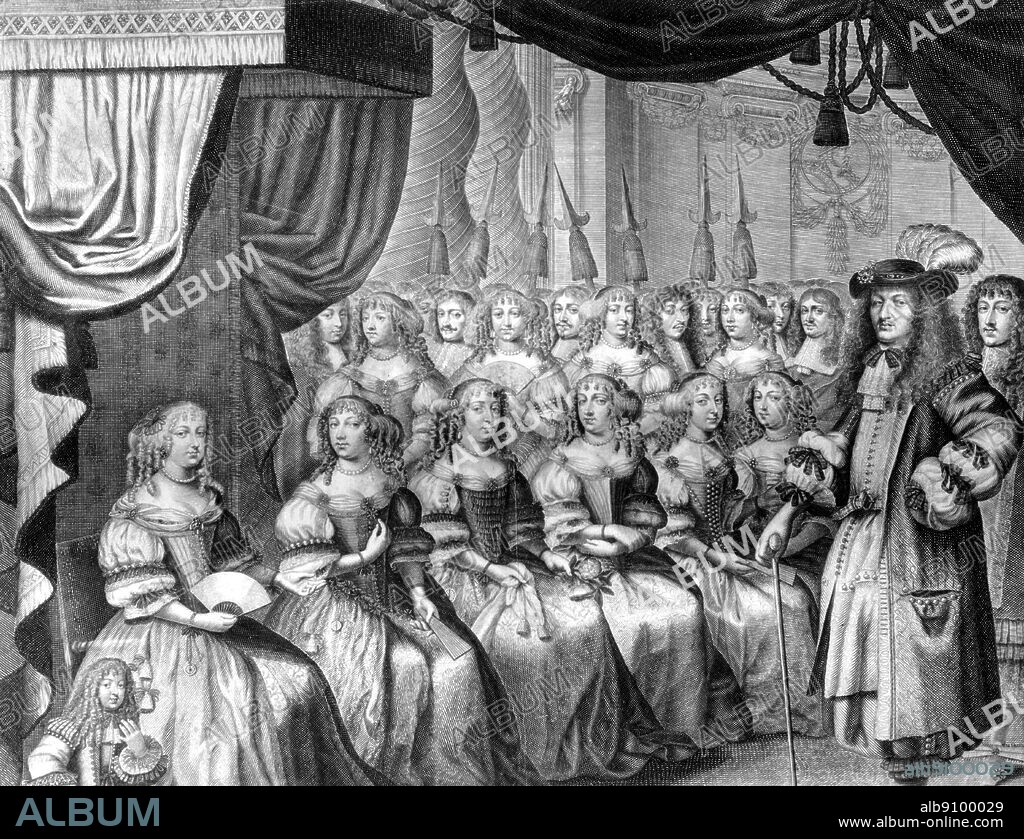 Louis XIV, King of France, the Sun King, (1638-1715), (reigned 1643-1715), among the ladies at Court. An engraving from the Almanack of 1667. The Sun King by Nancy Mitford, page 27.