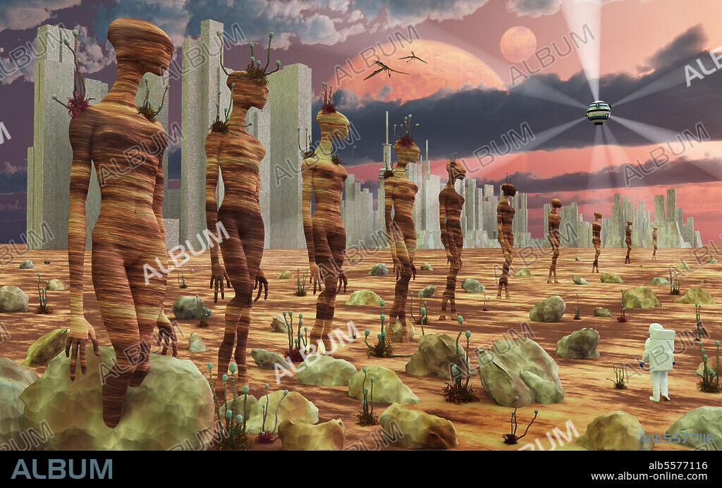 A humanoid archeologist astronaut exploring the remains of an ancient alien civilization.