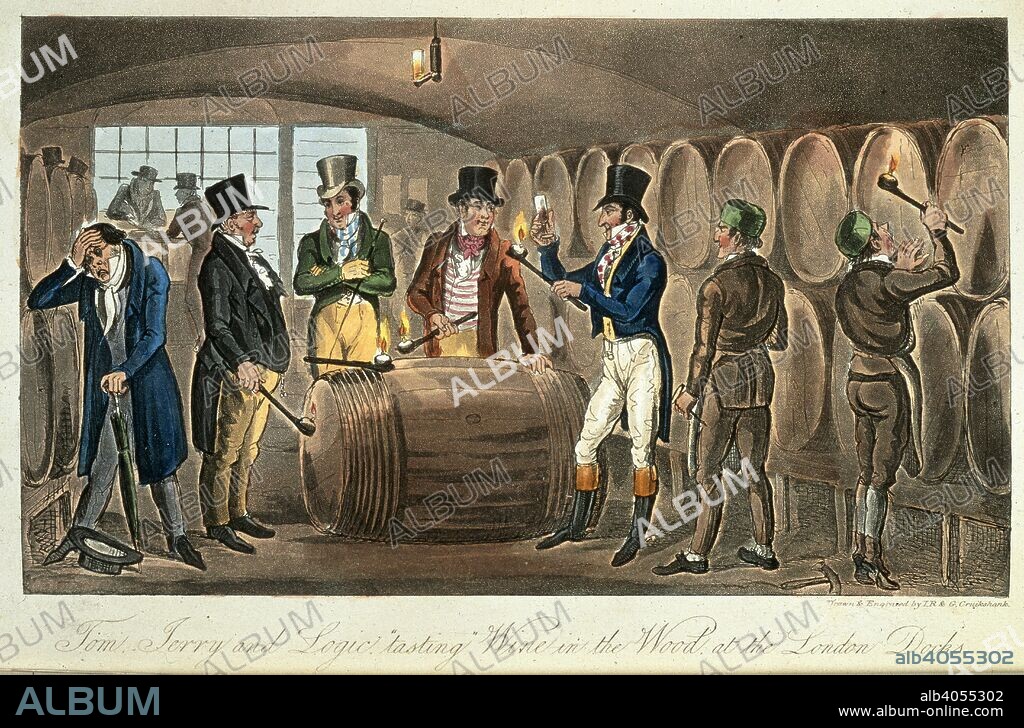 PIERCE EGAN and GEORGE CRUIKSHANK. Tom, Jerry & Logic tasting wine. Tom and Jerry. Life in London etc. London, 1823. Tom, Jerry & Logic tasting wine in the wood at the London Dock.  Image taken from Tom and Jerry. Life in London etc.  Originally published/produced in London, 1823. . Source: 838.i.2, opposite 329.
