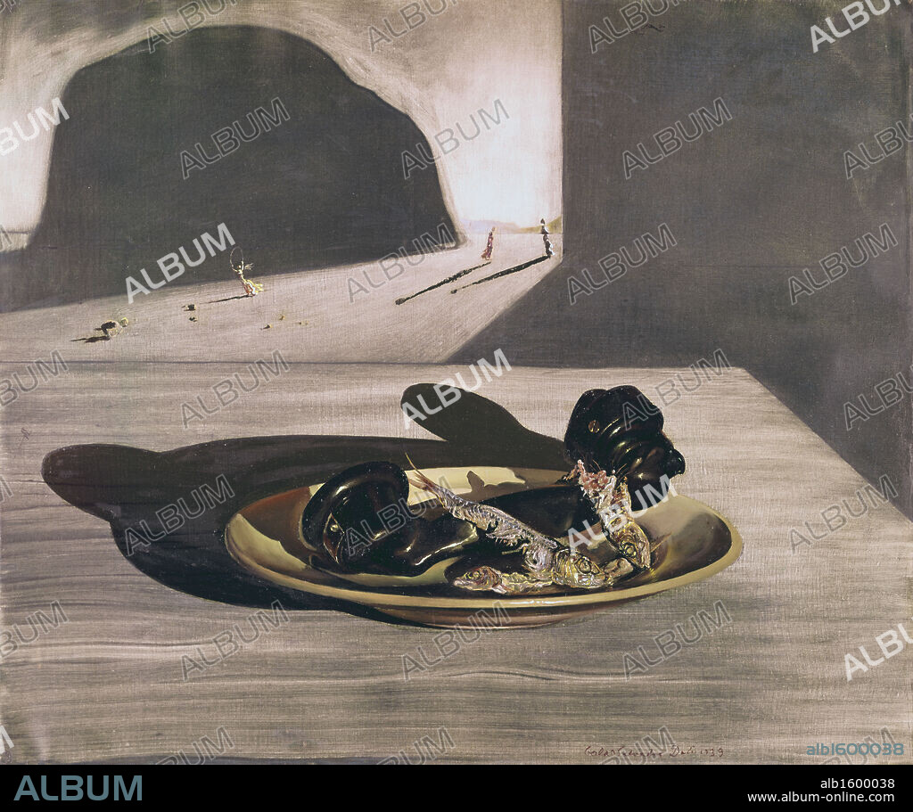 SALVADOR DALÍ. Still life with telephone receiver and dead fish by Salvador Dali.