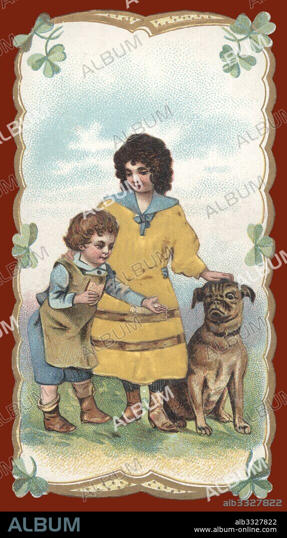 Cromo modernista bordado en tela. Una chica joven con un niño y su perro. Publicidad de Chocolat Poulain. Año 1895.