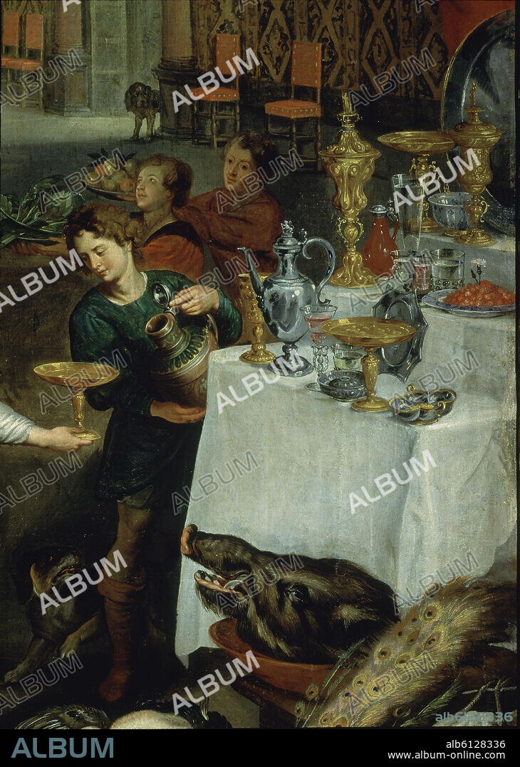 JAN BRUEGHEL DE VELOURS-BRUEGHEL EL. EL GUSTO, EL OIDO Y EL TACTO - DETALLE DE LA MESA CON MANJARES - HACIA 1620 - BARROCO FLAMENCO - CONJUNTO Nº 60.