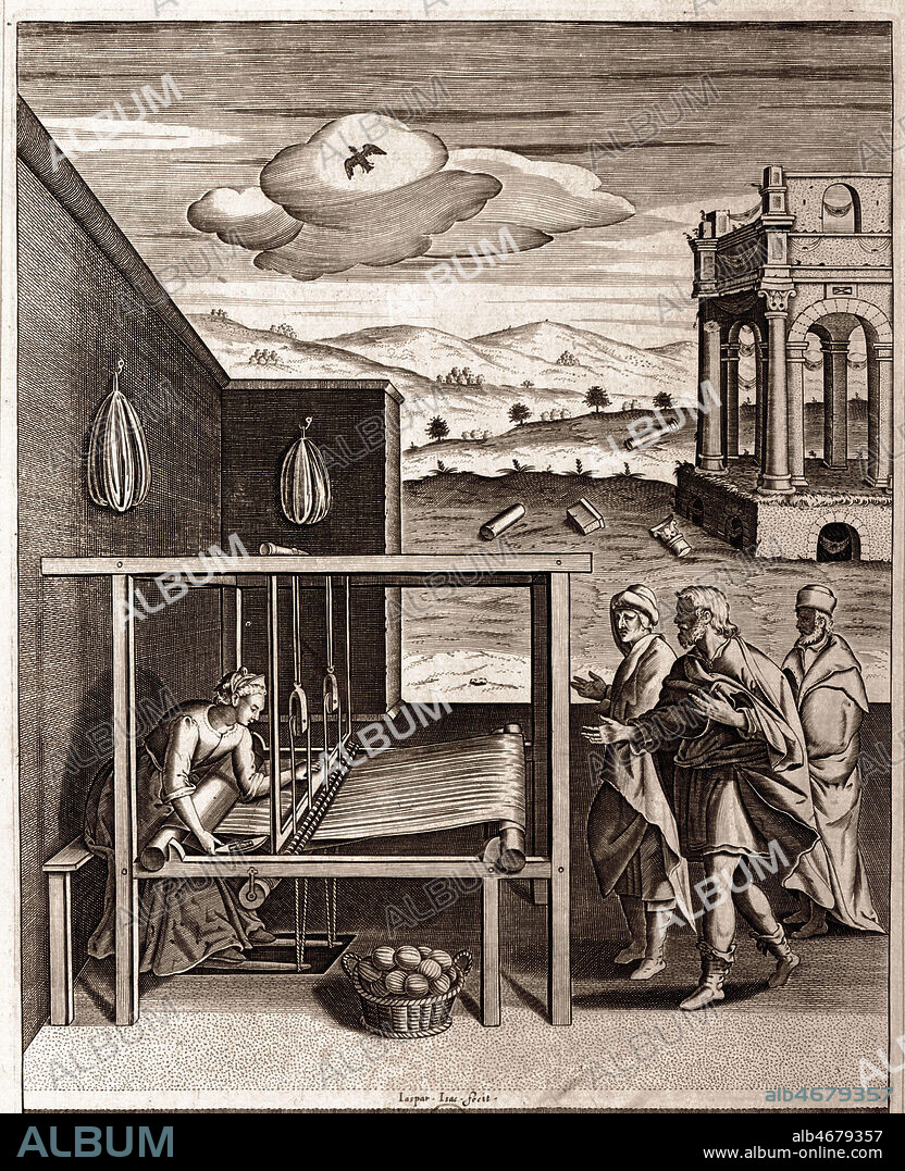 PENELOPE tisse et defait chaque jour son ouvrage pour echapper a ses pretendants et attendre le retour d'Ulysse in L'Odyssee d'HOMERE. Gravure du 16eme-17eme siecles. Credit : Collection KHARBINE-TAPABOR.