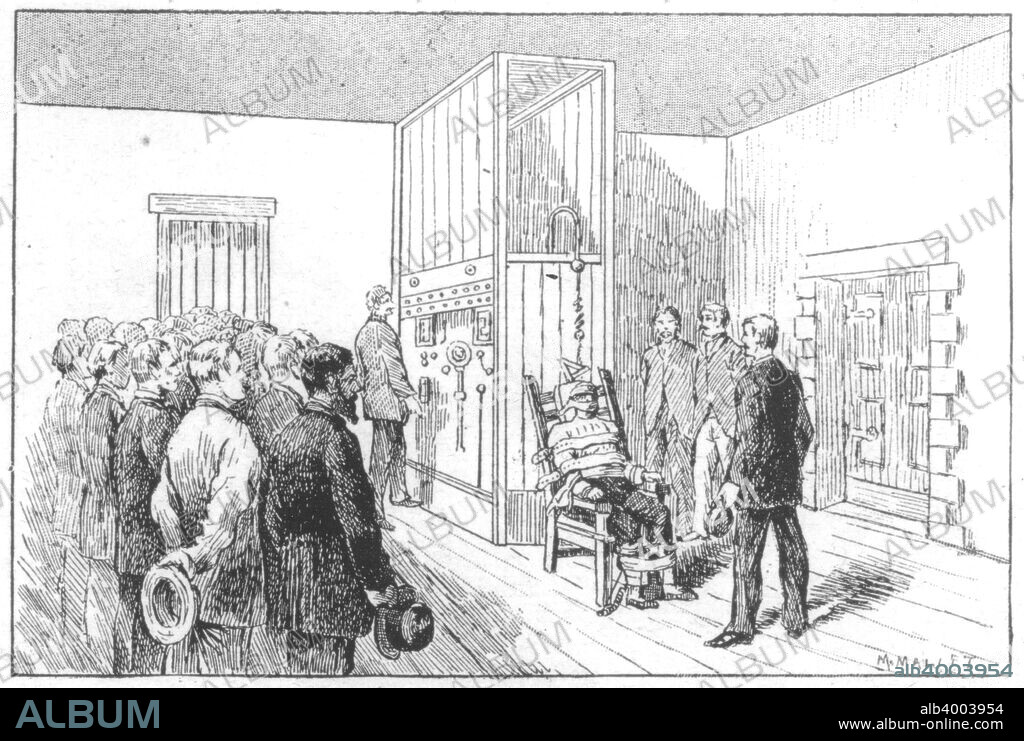 Execution of Kemmler, the first man to die in the electric chair, Auburn Prison, USA, 6 August 1890. William Kemmler, a brute who chopped a woman to bits with an axe, was the first man to be executed by electrocution. Westinghouse generators were used, with alternating current. Three surges of current were needed. From La Science Illustree, (Paris, 1891).