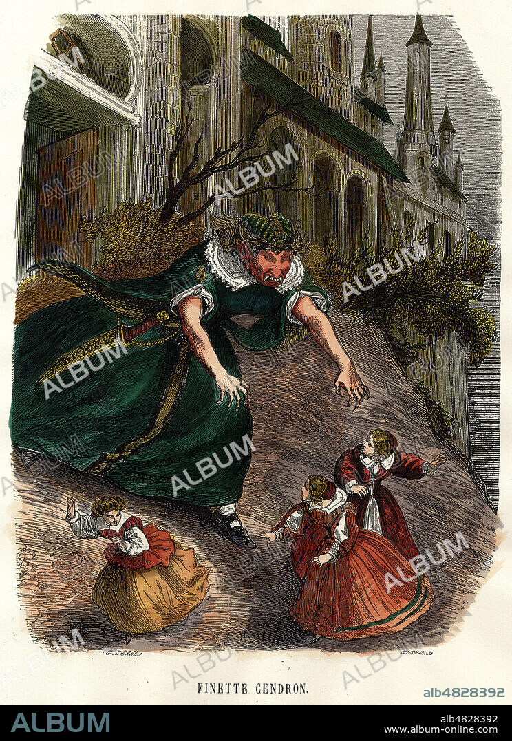 FINETTE CENDRON Conte de Madame d'AUlnoy. Les trois princesses sont poursuivies par l'ogresse. Gravure de Gustave STAAL vers 1860, mise en couleur par nos soins. Document original conserv. ds nos locaux . Credit KHARBINE TAPABOR.
