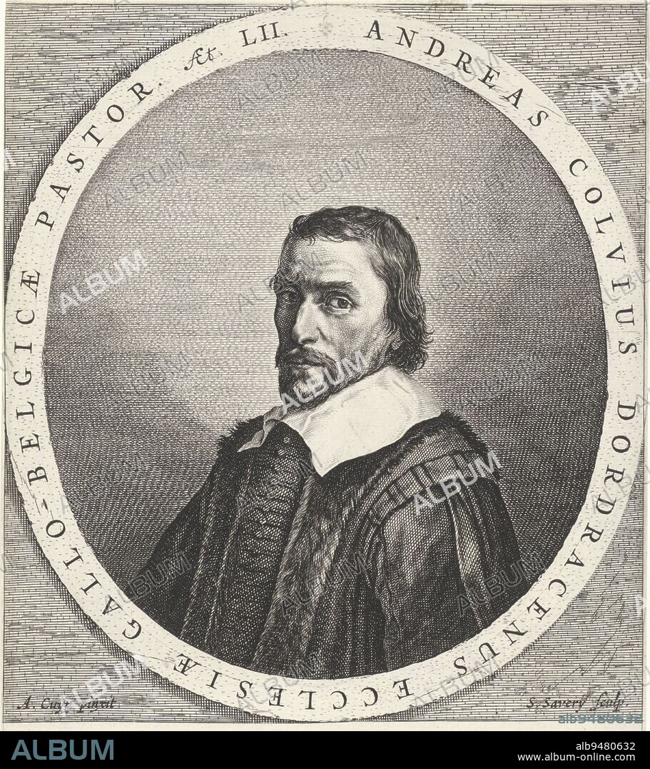 Portrait of the preacher Andreas Colvius, print maker: Salomon Savery, (mentioned on object), after: Aelbert Cuyp, (mentioned on object), Claudius Salmasius, (mentioned on object), Amsterdam, 1646 - 1665, paper, engraving, h 250 mm × w 161 mm.