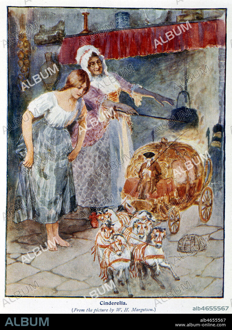 Cendrillon et sa marraine apres la transformaton de la citrouille et des souris en carrosse. Illustration de William Henry MARGETSON (1861-1940). Credit : Collection KHARBINE-TAPABOR.