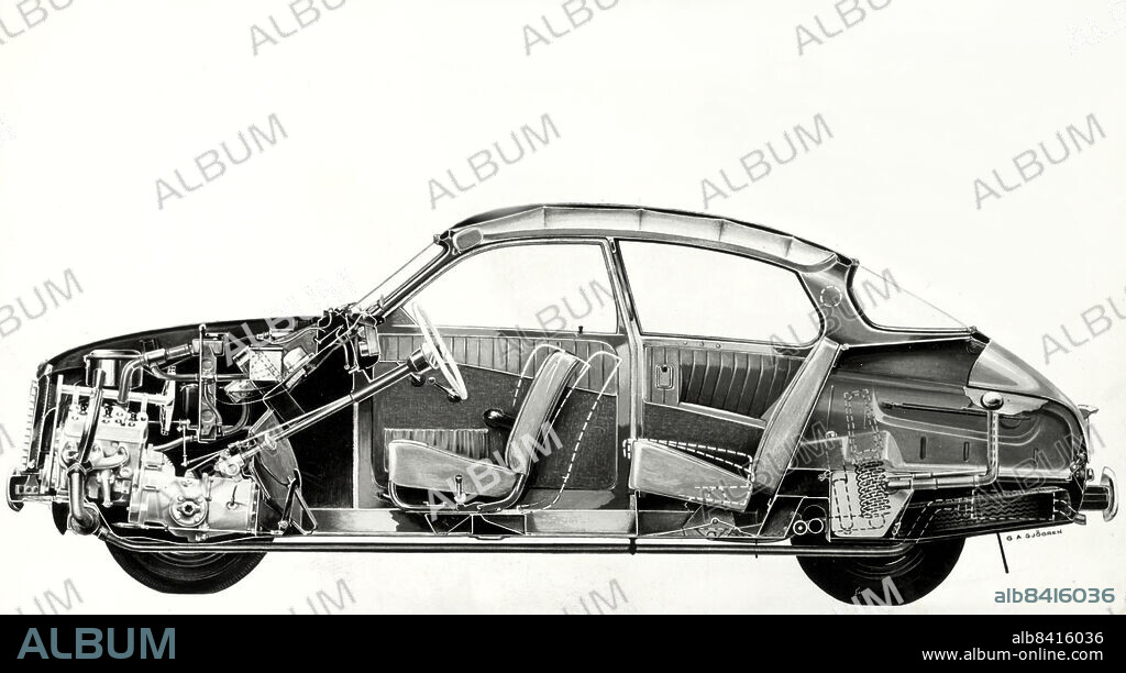 1965-01-01. SAAB 96 i genomskärning. Teckning från Saab.. Foto: Saab / DN / TT / Kod: 192. ** SvD OUT **.
