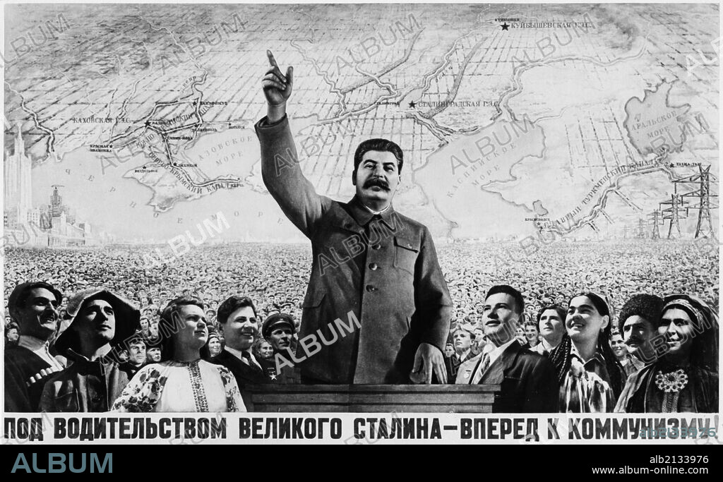 A soviet propaganda poster featuring joseph stalin published by the iskusstvo publishing house, 1950 (?), 'under the leadership of great stalin-forward to communism'.