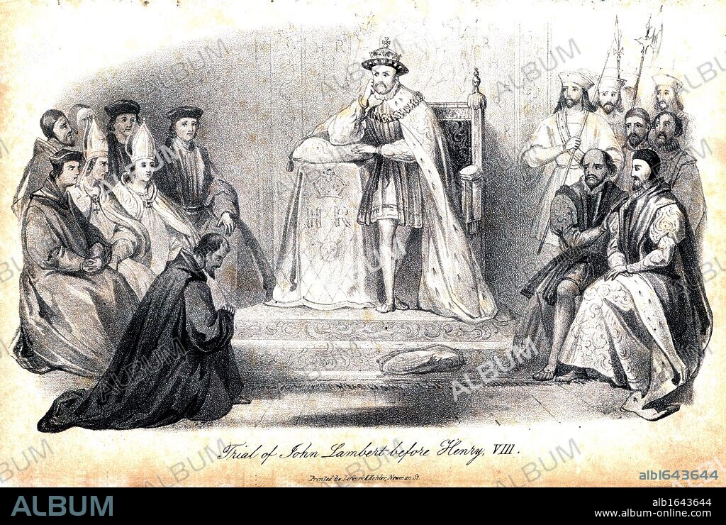 John Lambert (d1538), English Protestant martyr, burnt at the stake at Smithfield, London, 22 November 1538. Trial of Lambert before Henry VIII. Considered a heretic by both Roman Catholic and the new Church of England as he did not accept the doctrine of Transubstantiation.