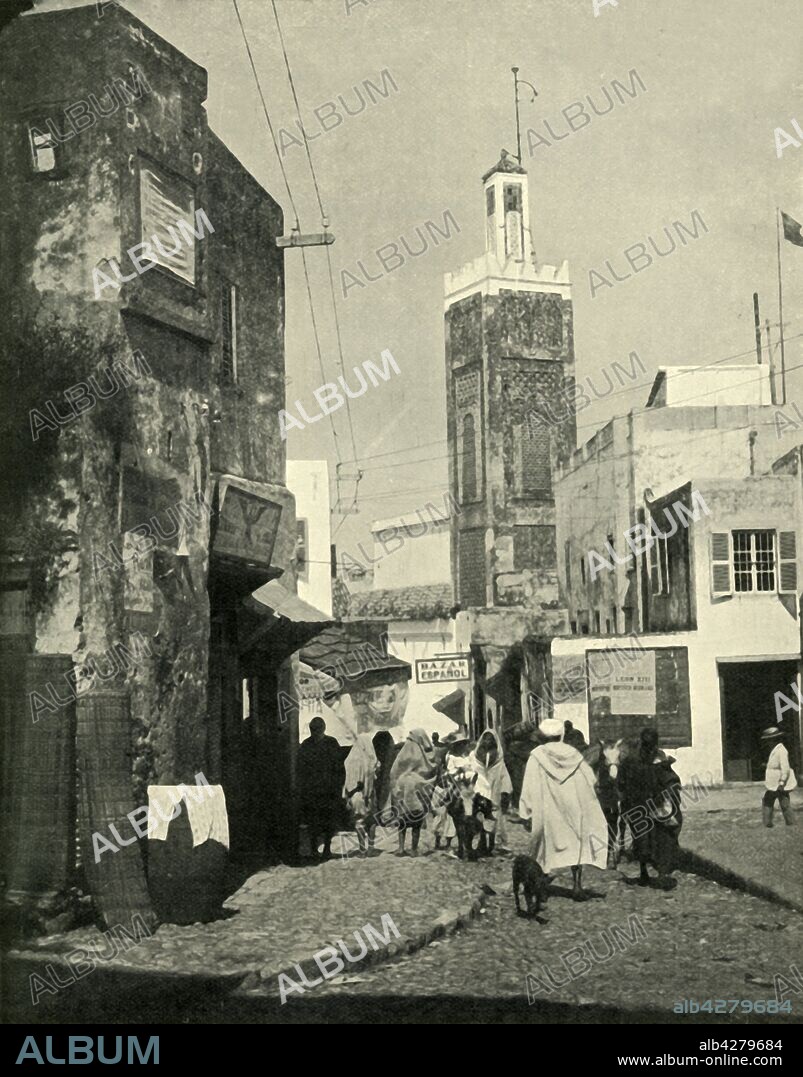 'Street Scene in Tangier, Showing Mosque', 1902. Minaret of the Grand Mosque, Tangier, Morocco. From "The English Illustrated Magazine", Volume XXVII, April to September 1902. [T. Fisher Unwin, London, 1902].