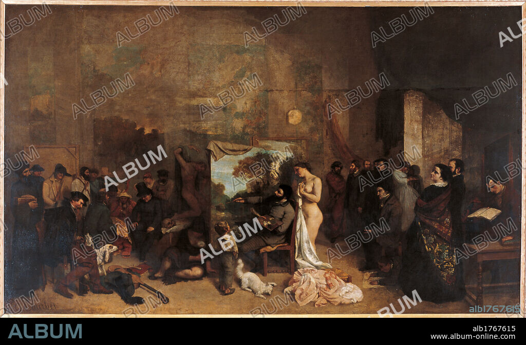 The Artists Studio, by Gustave Courbet, 1854-1855, 19th Century, oil on canvas, cm 361 x 598. France, Ile de France, Paris, Muse dOrsay. All. Model anatomy painter Courbet canvas easel palette study child cat men women bystanders onlookers coffee table books black ocher green white.