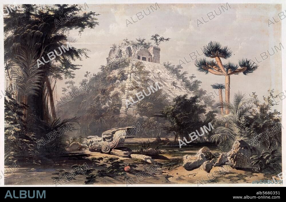 Chichén Itzá (Mexiko, Yukatan), Maya-Kultur und toltekisch, um 1000 n. Chr. El Castillo, auch Pyramide des Kukulkán genannt. Außenansicht. Höhe ca. 30 Meter, vierseitig. Farblithographie nach einer Zeichnung v. Frederick Catherwood. In: Views of Ancient Monuments in Central America, Chiapas and Yucatan; London, 1844.