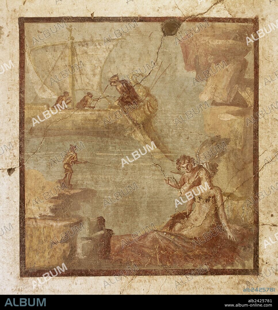ARTE ROMANO. ITALIA. CASA DE LOS VETTI. Detalle de una pintura al fresco, donde se representa a una pequeña embarcación, un pescador, y una mujer acompañada de un amorcillo. Datada en el siglo I d. C. POMPEYA. La Campania.