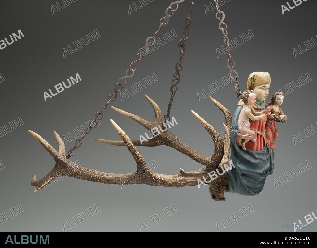 Chandelier, 16th century, Wood, antlers, pigment, metal, 34 x 24 1/2 x 33 in. ( 86.36 x 62.23 x 83.82 cm).