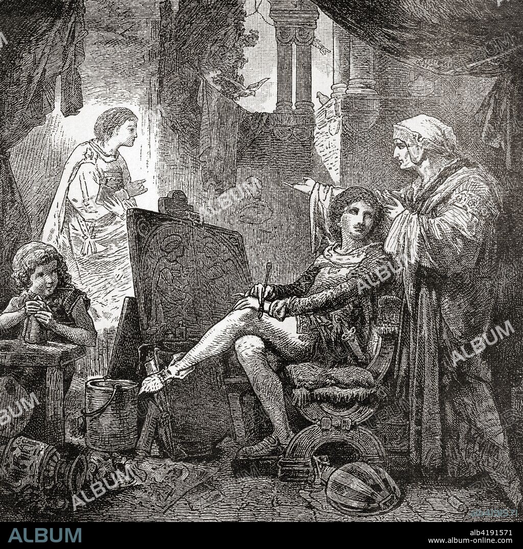 Dante in the studio of the painter Giotto.  Durante degli Alighieri, simply called Dante, c. 1265 - 1321.  Major Italian poet of the Late Middle Ages/Early Renaissance.  Giotto di Bondone, c. 1270 - 1337, known as Giotto or Giottus.  Italian painter and architect from Florence.  From Ward and Lock's Illustrated History of the World, published c.1882.