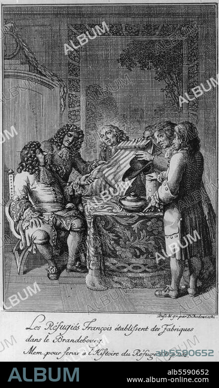 Frederick William, 1620 - 1688, Elector of Brandenburg and Duke of Prussia, thus ruler of Brandenburg-Prussia, from 1640 until his death in 1688. "French weavers with the Great Elector". (Huguenot refugees). Engraved by Daniel Chodowiecki. From: Memoires pour servir a l'Histoire des Refugees (...), Berlin 1782-99.
