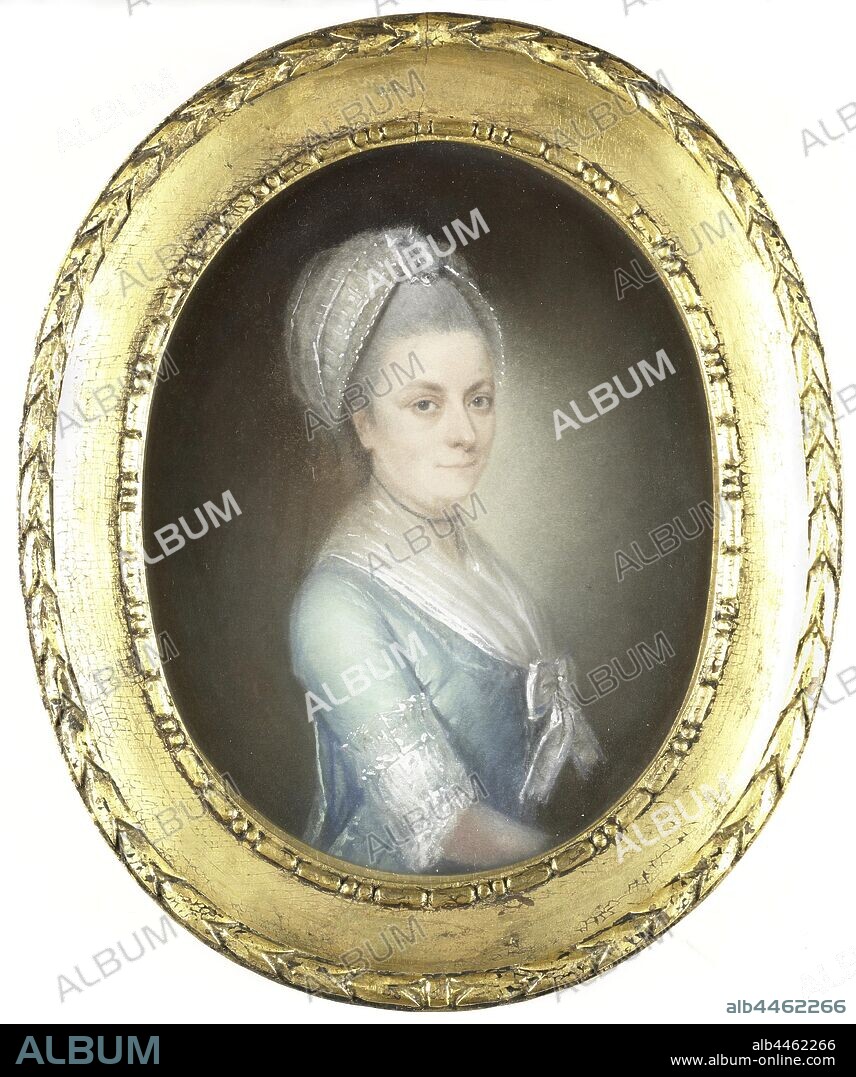Portrait of a woman, Portrait of a woman. Half-length, to the right, anonymous historical person portrayed - BB - woman, Izaak Schmidt, 1770 - 1810, parchment (animal material), h 18 cm × w 14 cm.