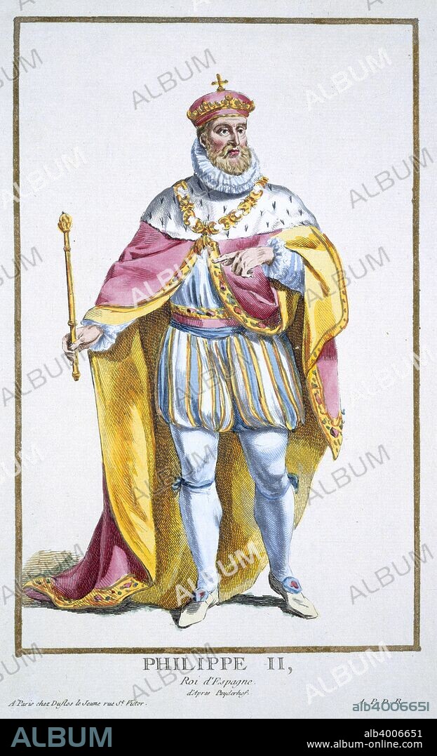 Philip II, King of Spain, (1780). The son of Emperor Charles V (1500-1558) and husband of Mary I (1518-1558), Queen of England from 1553, Philip II ascended the Spanish throne in 1556. Philip's reign was characterised by war and religious repression as he zealously pursued the counter-reformation. Spain was embroiled in the rebellion of its Protestant provinces in the Netherlands, and after the execution of Mary Queen of Scots, a 20 year period of war with England began. In 1588, Philip sent the Armada to bring about the invasion of England, but the fleet was destroyed, leading to the abandonment of the planned invasion as well as paving the way for the ultimate success of the Dutch rebellion. During Philip's rule Spain acquired great wealth from its empire in the New World, but much of it was squandered due to high inflation, disastrous economic policies necessitating massive imports and the cost of Philip's wars. From Receuil des Estampes, representant les Rangs et les Dignites, suivant le Costume de toutes les Nations exixtantes by Pierre Duflos.