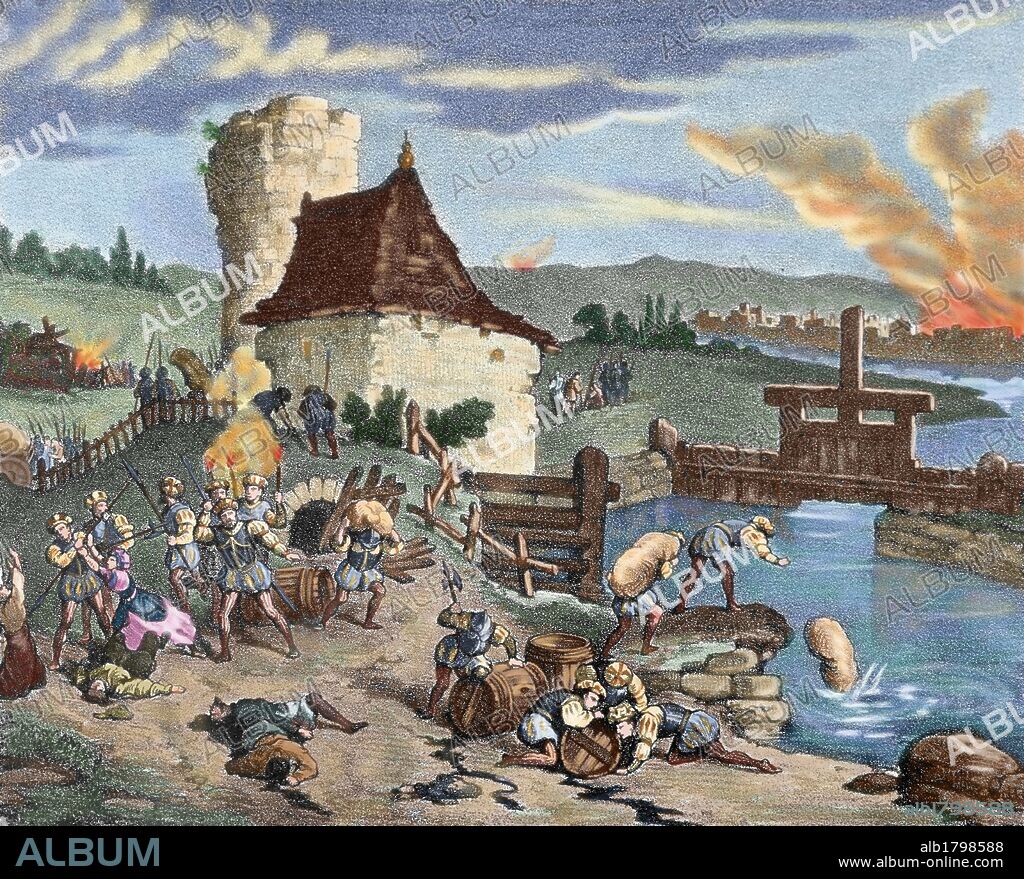 Thomas MUNTZER (1491-1525). Reformador alemán y lider revolucionario de los campesinos en la llamada "Guerra de los Campesinos Alemanes (1524-1525) ". Muntzer se unió a ellos en 1524. "INCENDIOS Y SAQUEOS LLEVADOS A CABO POR MUNTZER Y SUS GENTES, DURANTE LA REBELION DE LOS CAMPESINOS". Grabado coloreado del s. XIX.