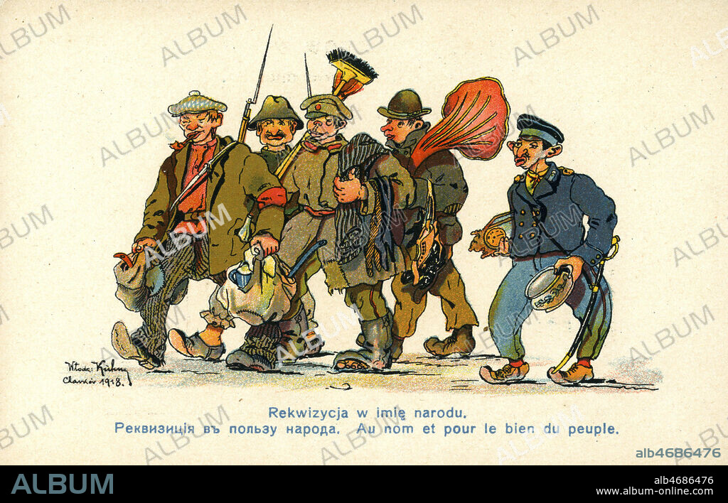 'Au nom et pour le bien du peuple'. Des bolcheviks ont pille les affaires des bourgeois. Caricature antibolchevique. Carte postale russe de 1918, illustration par Wlodzimierz Kuhn. Credit : IM/KHARBINE-TAPABOR.
