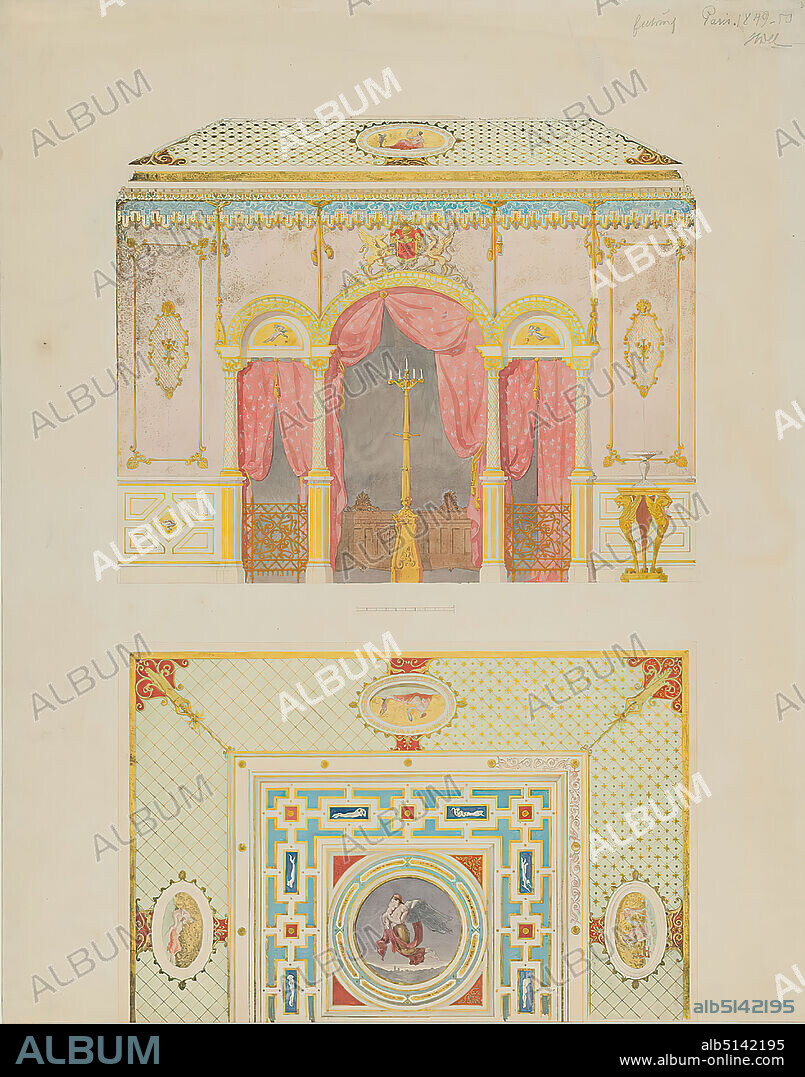 Gottfried Semper, interior design. Elevation of walls and ceiling, old stock, probably a 1903, paper, pencil, covering watercolor, drawing, colored, pen-and-ink drawing, sheet size: height: 55 cm; width: 43.5 cm, inscribed: in lead: design Paris 1849-50, Hkill, design drawings, interior, lighting, lamps, wall painting, arcade (architecture), architecture, interior decoration (of a house), ornaments, medallion (ornament).