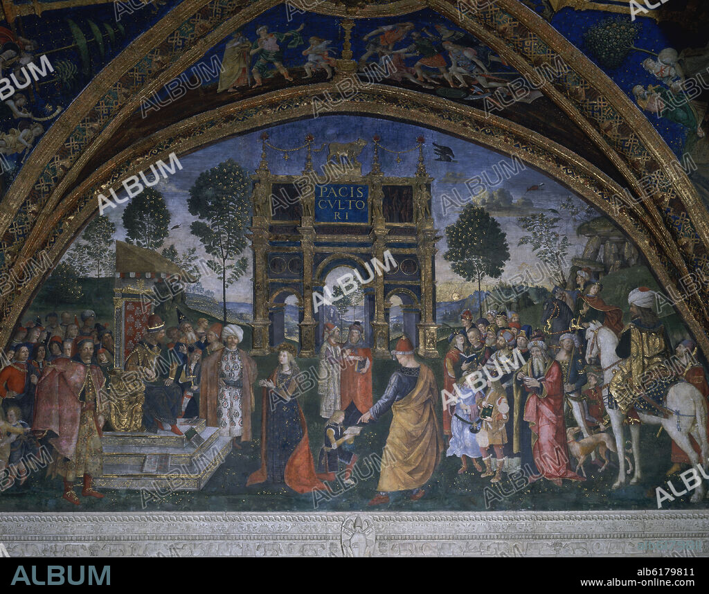 BERNARDINO DI BETTO BIAGIO 1454-1513 PINTURICCHIO. LA DISPUTA DE SANTA CATALINA (RETRATO DE LUCRECIA BORGIA) CON LOS FILOSOFOS - SIGLO XV - FRESCO - RENACIMIENTO ITALIANO.